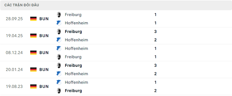 Lịch sử đối đầu Hoffenheim vs Freiburg Lịch sử đối đầu Hoffenheim vs Freiburg
